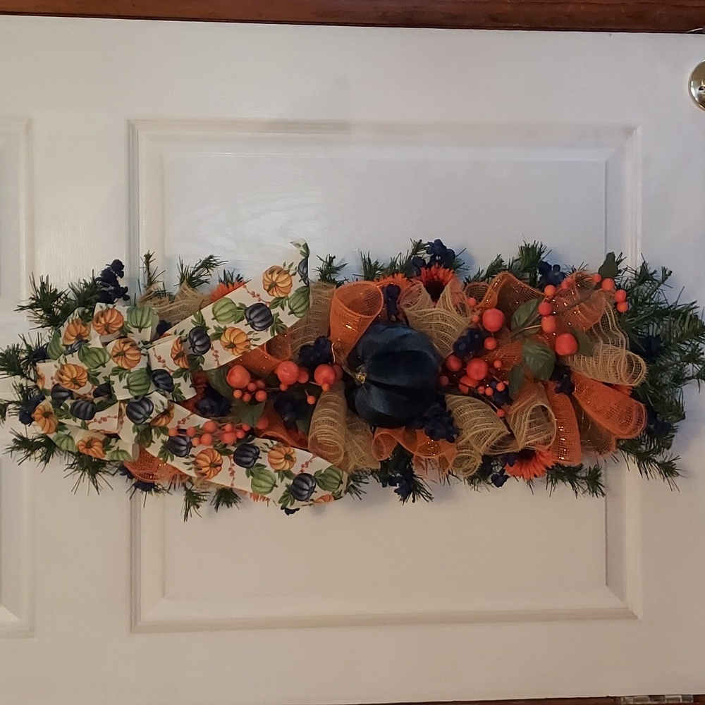 Fall Swag, Pumpkins & Sunflowers. Vibrant Orange & Sapphire , Door Decoration